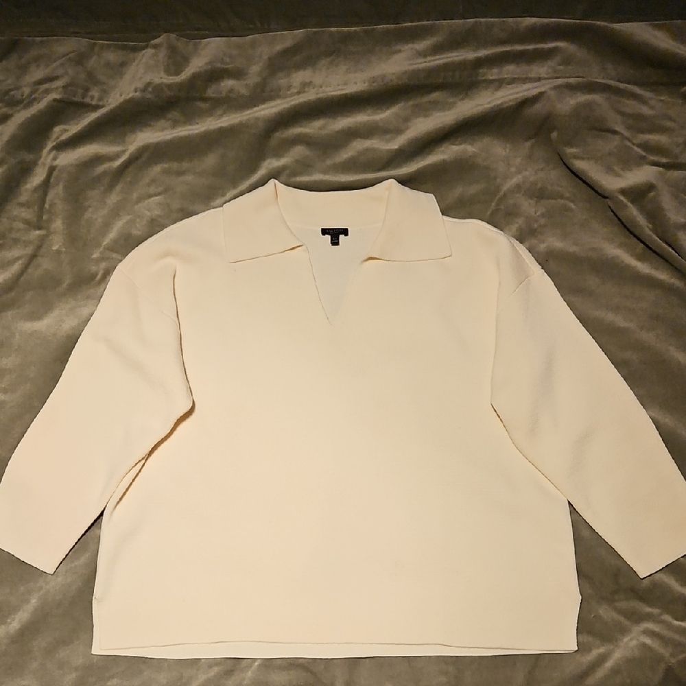 Talbots Women's Wool Blend Milanp Stitch Johnny Collar V-Neck Sweater in Cream